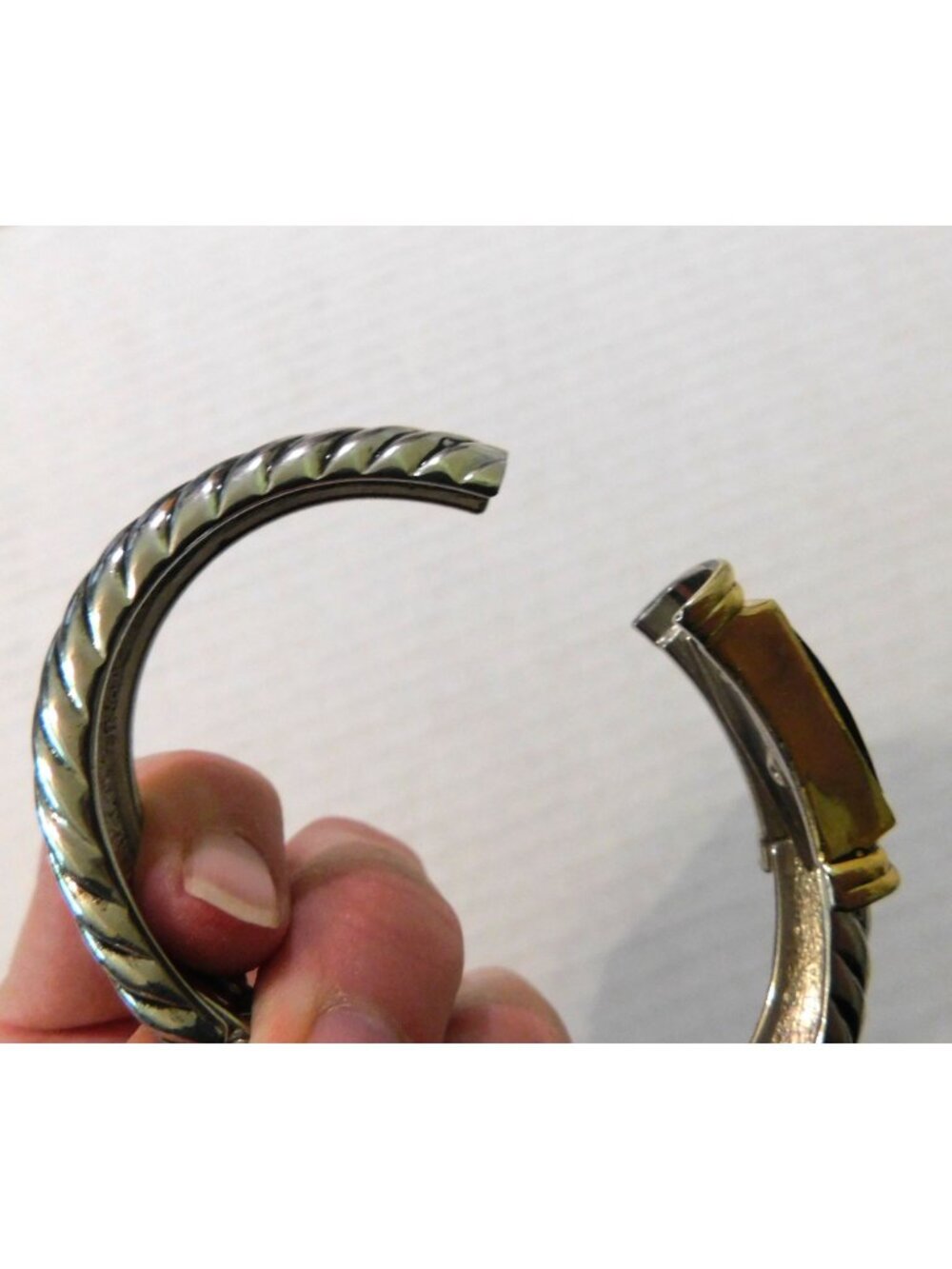 Two-Tone Hinged Bangle Bracelet Silver Gold Accents Black Faceted Stone - Picture 5 of 8